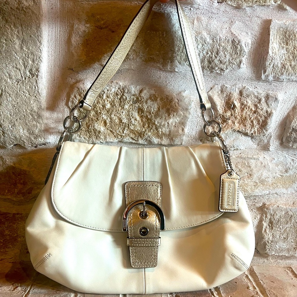 Coach Soho Ivory/Gold Pleated Buckle Flap Leather Shoulder Bag F17217